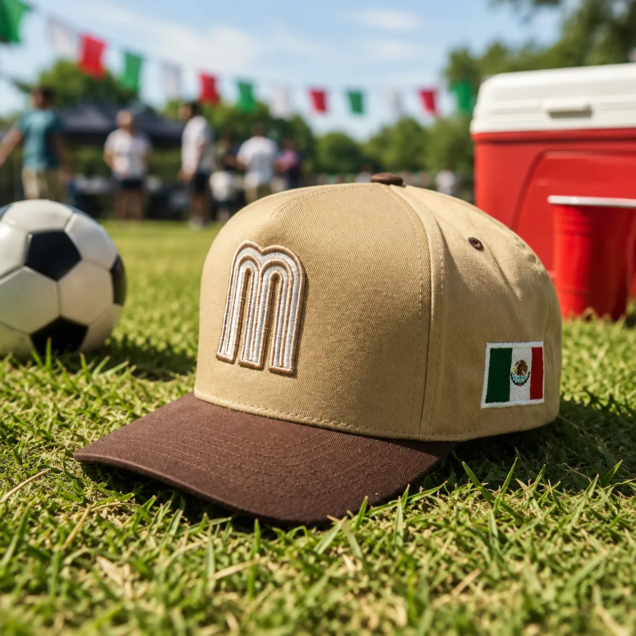Classic Baseball Cap for Adults - Structured Tan Snapback Hat with Mexican Flag Patch, 3D Embroidered "M", Watch Party, Summer Outdoor Casual Embroidered Headwear