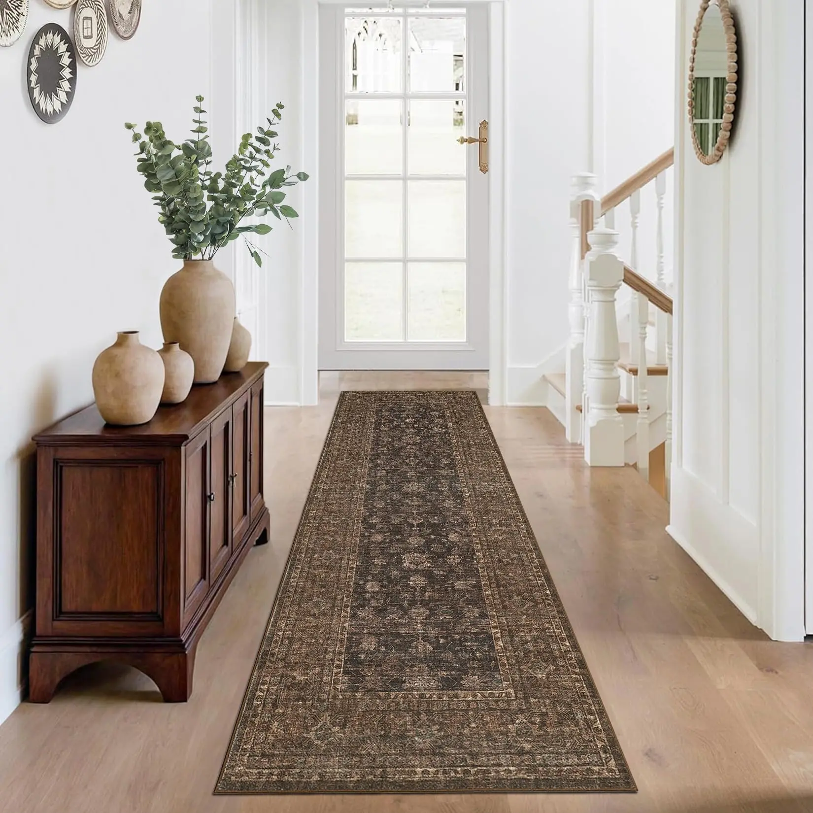 Vintage Kitchen Rugs, Washable 2x6 Soft Non Slip Hallway Runner, Stain Resistant Low Pile Distressed Floral Print Throw Carpet for Entryway Bedroom Laundry Bathroom, Brown