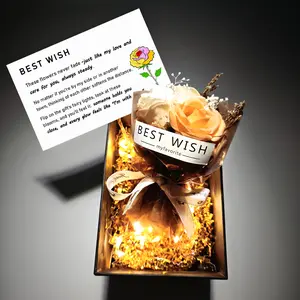 Romantic Flower Gift Box Set with Fairy Lights & Greeting Card for Valentine’s Day, Anniversary, Decor Party/Dining/Office and All-Occasions - Vibrant Red Roses, Soft Champagne Roses, Sunny Sunflowers, Blushing Pink Roses