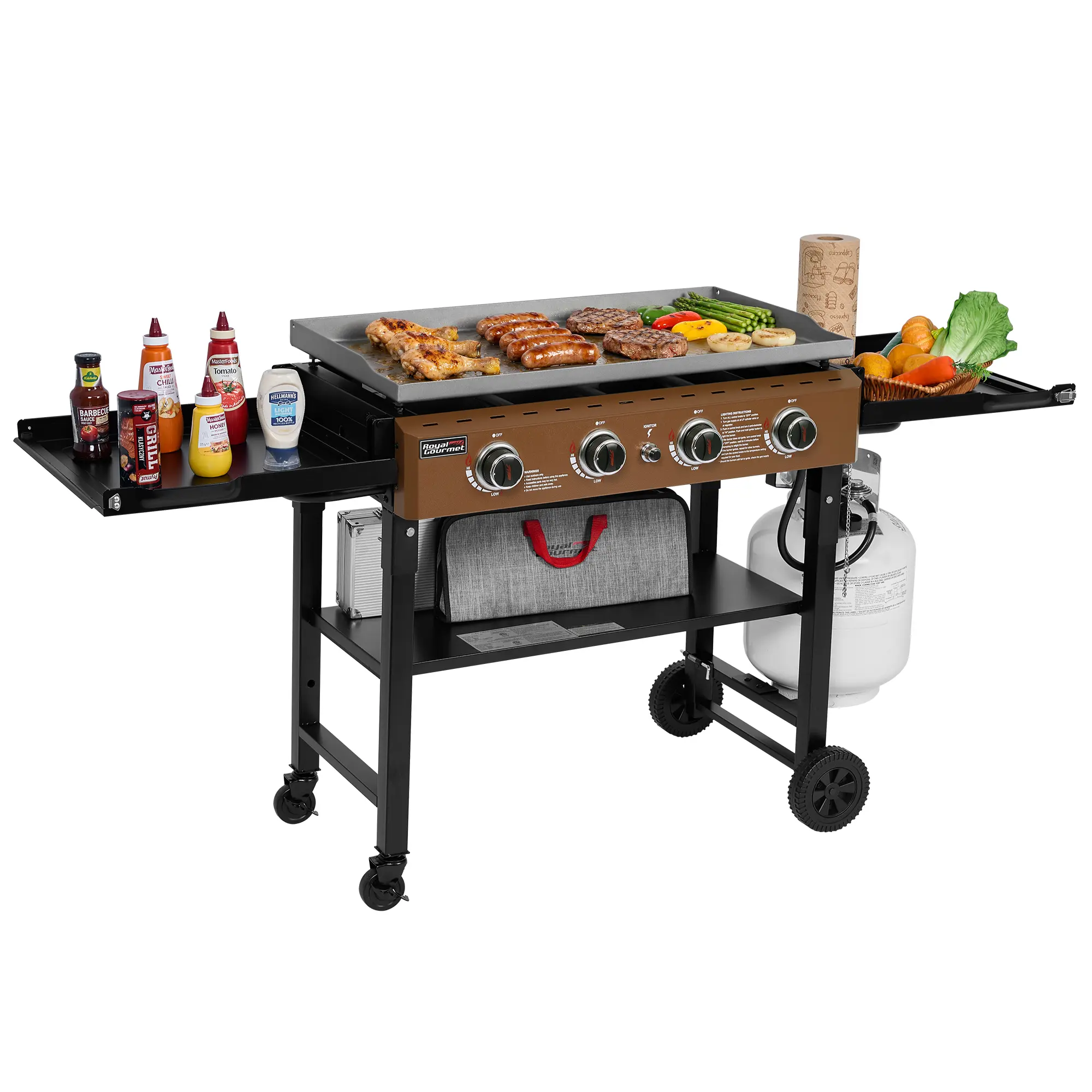 Royal Gourmet GB4001FY Bronze Gold 4-Burner Propane Griddle, 52,000 BTU 582 Sq In Flat Top Grill with 2-in-1 Foldable Side Shelves (Table or Lid) & Collapsible Legs, Heavy Duty Outdoor Griddle for Backyard Cooking