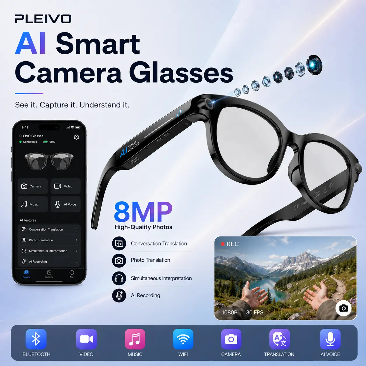 AI Camera Smart Glasses with 8MP HD Camera, 1080P Video Recording, Bluetooth Audio & Hands-Free Calls, Open-Ear Sports Glasses for Cycling, Travel & Vlogging, support photo app-based translation