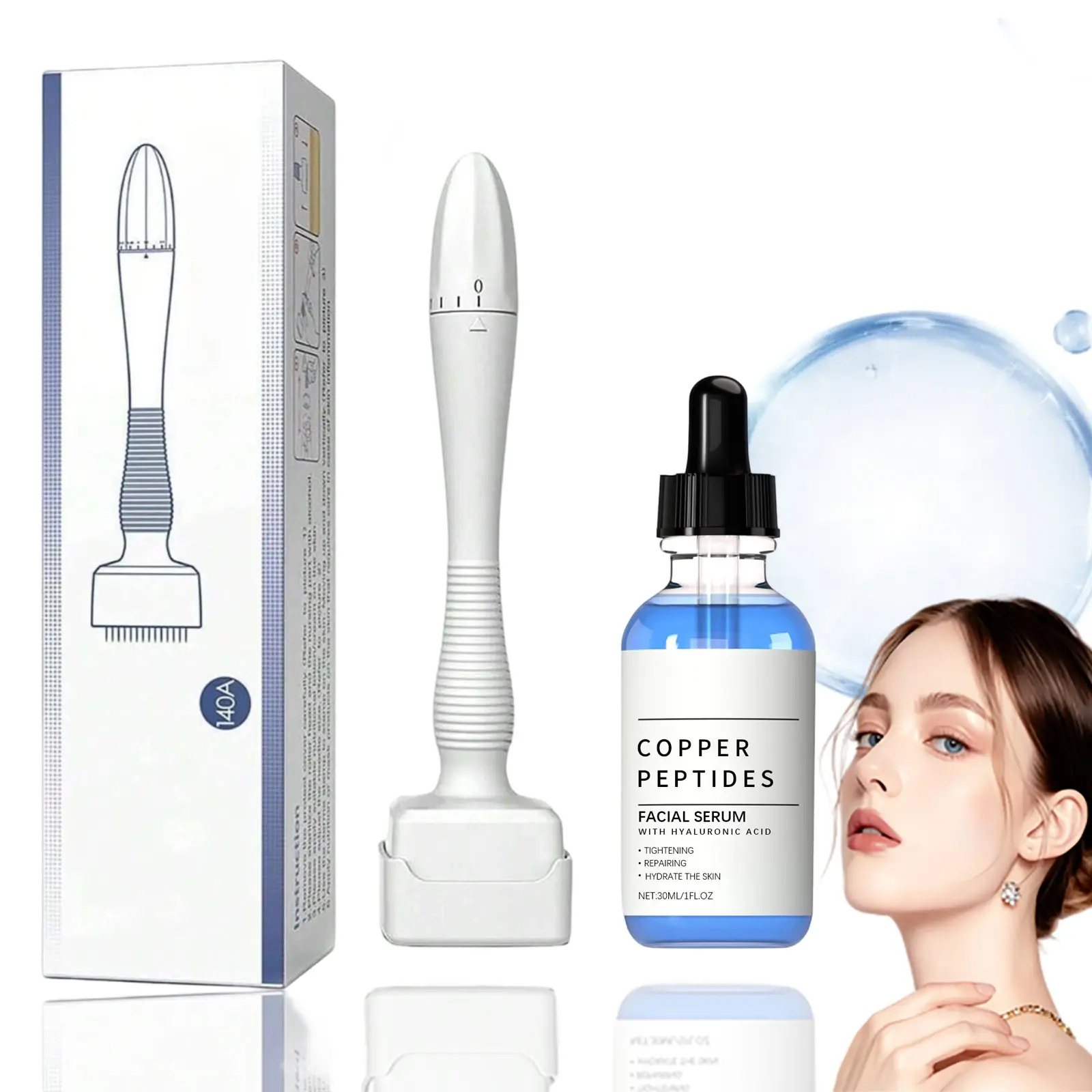 Copper Peptide Facial Serum & Derma Stamp Set for Skin Repair & Collagen Boosting, 30ml Skincare Kit with Hyaluronic Acid & 140-Pin Tool for Deep Repair Hydration, All Skin Types
