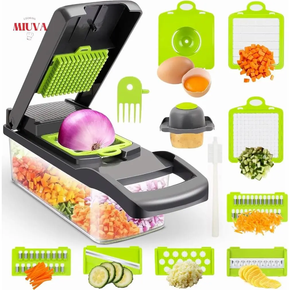 ONESHOW 14-in-1 Multifunctional Vegetable Chopper - Stainless Steel Fruit & Veggie Slicer, Dicer, Cutter, Grater, Kitchen Shredder with 8 Interchangeable Blades, Grey Kitchen Utensil Value Pack for Thanksgiving, Valentine's Day Gifting
