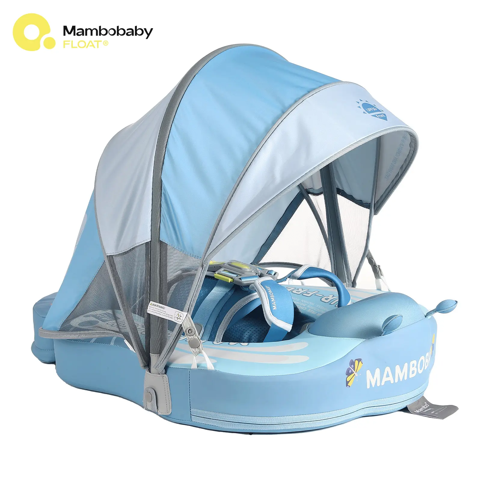Mambobaby Blue Butterfly Baby Swim Float, Non-Inflatable Baby Pool Float with Removable Canopy for Babies 3–24 Months