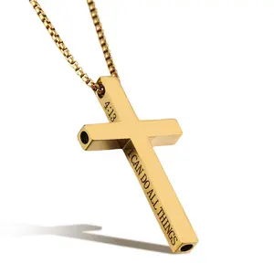 OIDEA Unisex Stainless Steel Engraved Cross Necklace - "I Can Do All Things" Message, Mindful Breath Whistle, Christian Anxiety Relief Fashion Accessory, Long Crucifix Cross Emblem Gold-Toned Necklaces, Long Necklaces, Crucifix Necklaces summerwins,summer