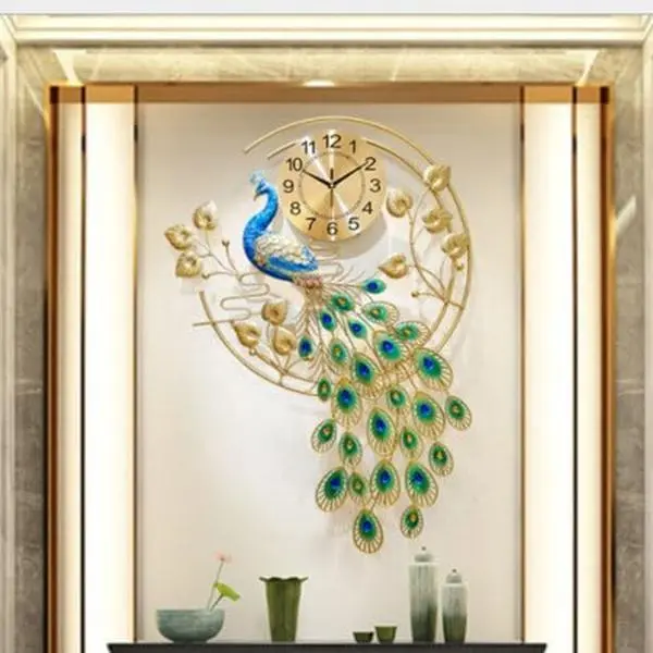 36.6" Large Peacock Wall Clock Crystal Decor, 3D Peacock Wall Clocks, Large Hanging Wall Clock Digital Wall Watch Clock Silent Decor for Living Room Bedroom Office Metal Gold Background Gold-Green Frame