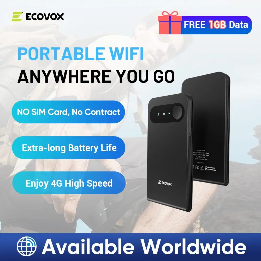ECOVOX Global Portable Mini WiFi Hotspot Stay Connected Abroad No SIM Needed 13-Hour Battery Connect 9 Devices at Once Perfect for Travel, Renters, Business & Study Abroad LTE Mobile Router Smart Touch Tri-Band Pocket with