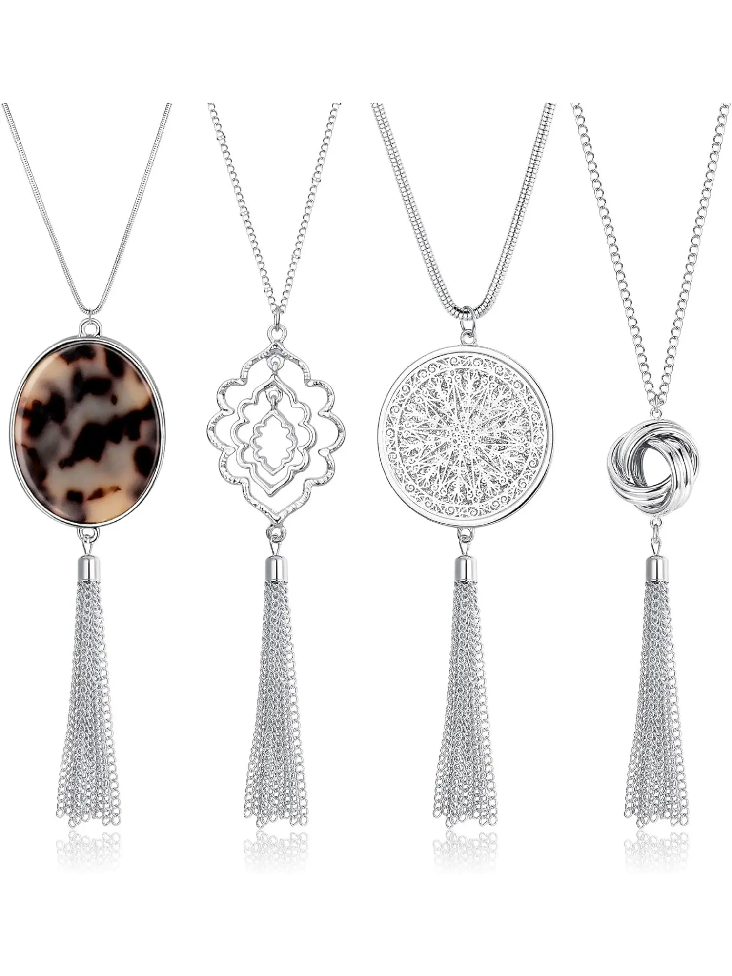 4Pcs Long Pendant Tassel Necklaces for Women Girls Sweater Necklace Y Necklace Knot Tassel Adjustable Chain Pendant Necklace Set Silver