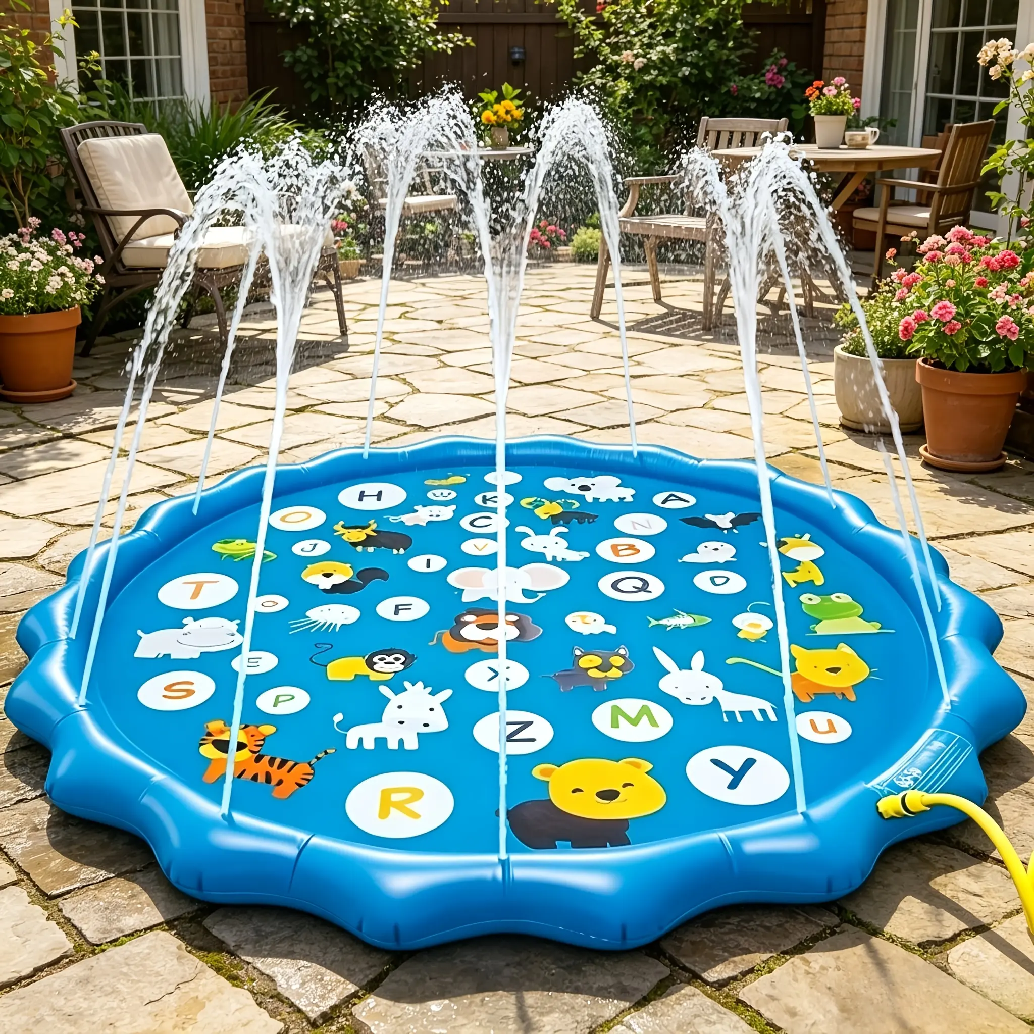 Extra Large Inflatable Pet Splash Pad, Smart Scientist ABC Animal Print Outdoor Sprinkler Mat, Durable Backyard Water Play Toy for Lawns, Beaches, Gardens, Summer Parks, and Alphabet Learning，outdoor pet