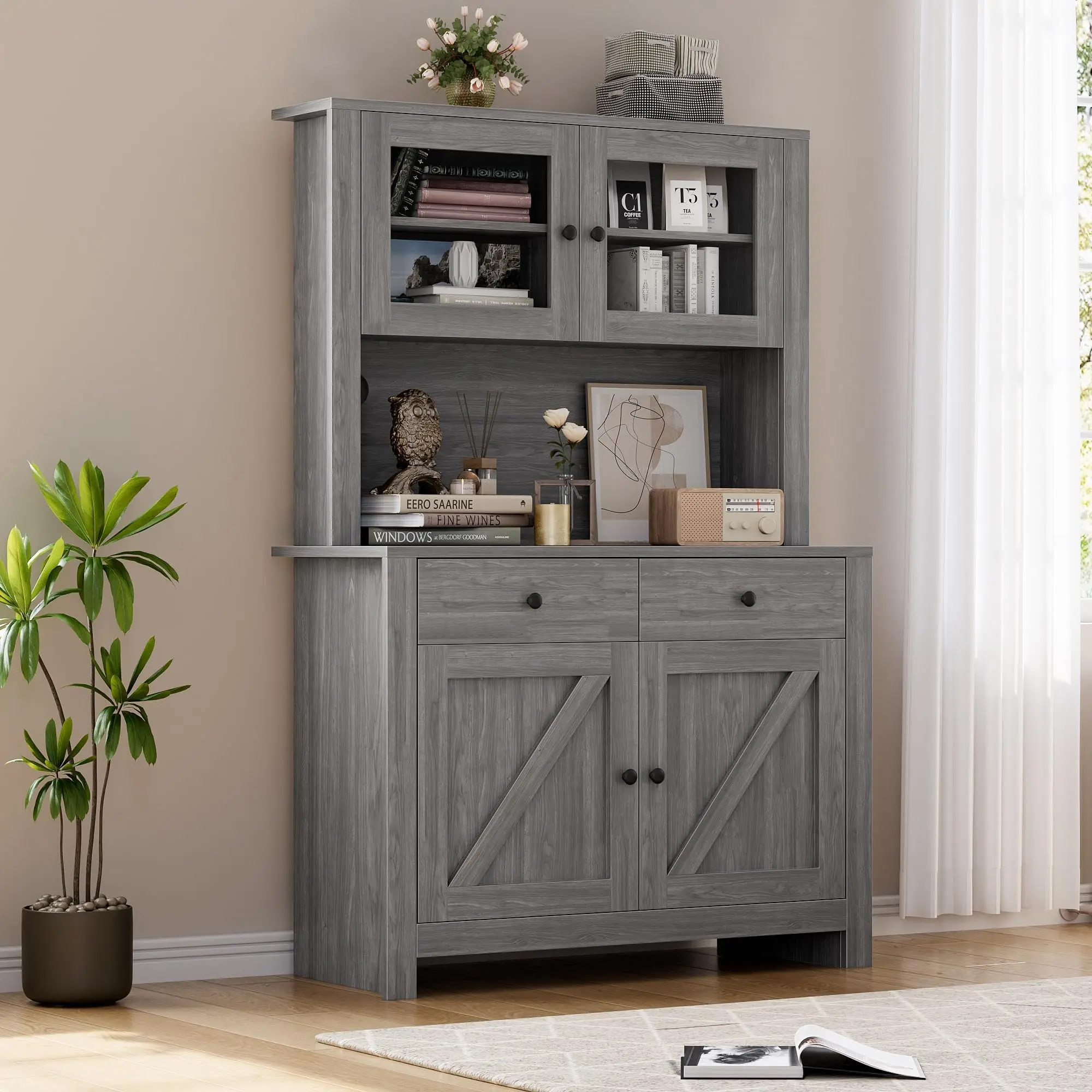 YJ-Garvee Freestanding Kitchen Pantry Cabinet with Microwave Stand and Buffet Cupboard, Tall Storage with Adjustable Shelves, Suitable for Kitchen and Dining Room