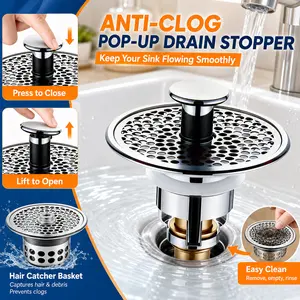 Sink drain filter,1/2 pcs Pop-Up Bathroom Sink Drain Strainer, Stainless Steel Hair Catcher Basket with Brass Drain Plug, Universal Fit for US Bathroom Sinks, Bathtubs, Showers & Floor Drains ,Adjustable, Durable
