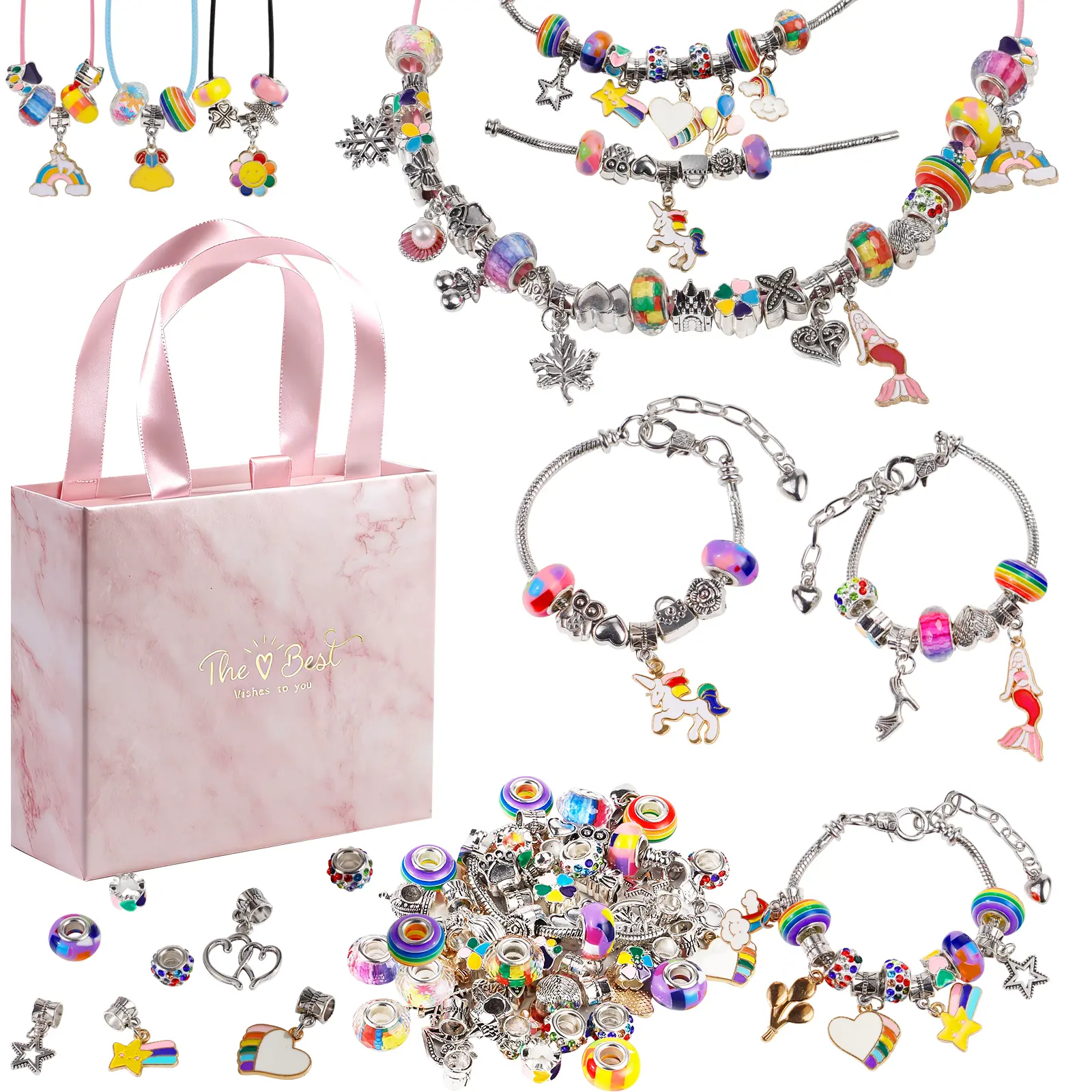 Cute Girls Charm Bracelet with Rainbow Beads & Gift Packaging