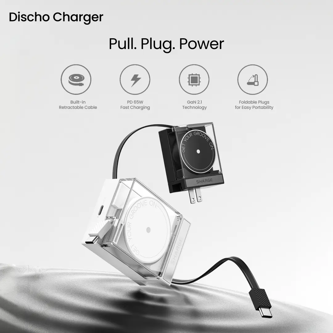 SHARGE Discho charger 65W USB C Charger with GaN Power Wall Charger, Retractable Cable, 2 Devices PD Fast Charging for MacBook Pro/Air, iPhone 16, Pixel Book, iPad Pro Black