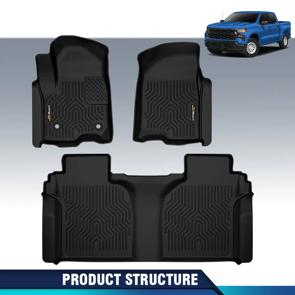 CROSSDESIGN Weatherbeater Floor Mats | Fits 2019-2025 Chevrolet Silverado/GMC Sierra 1500 2500 3500 SuperCrew w/Carpet & w/out Fold Flat Storage | Front & 2nd Row, 3-pc Black