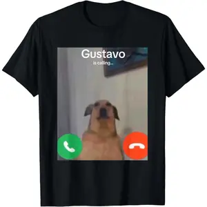 Cotton Women's "Gustavo Is Calling" Dog Meme Print T-Shirt Funny Viral Graphic Casual Short Sleeve Tee