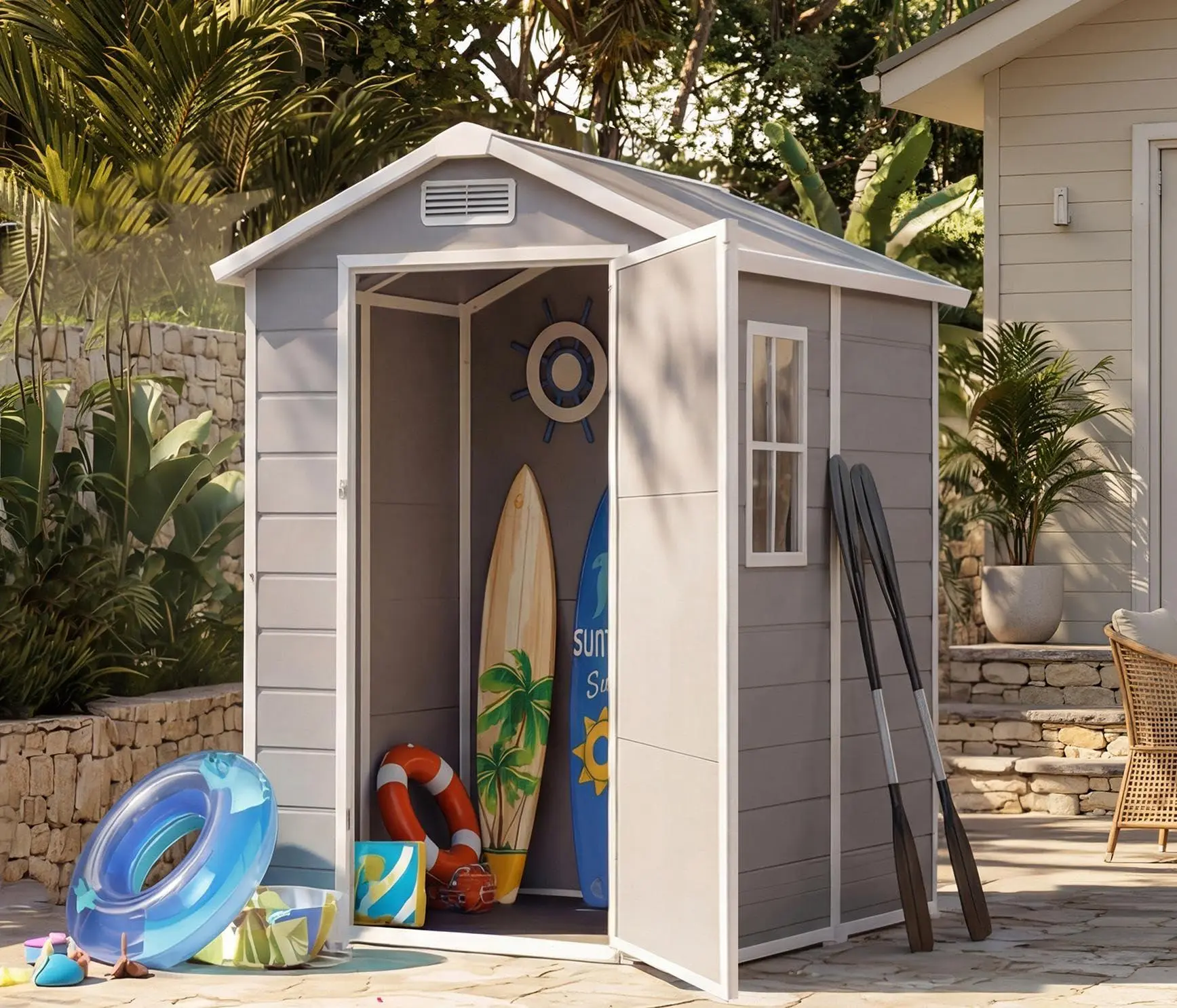 Gaomon 4x6 ft Weatherproof Double-Wall Plastic Resin Outdoor Storage Shed with Reinforced Floor, Window for Natural Light, Lockable Door, Tool Shed for Patio, Backyard