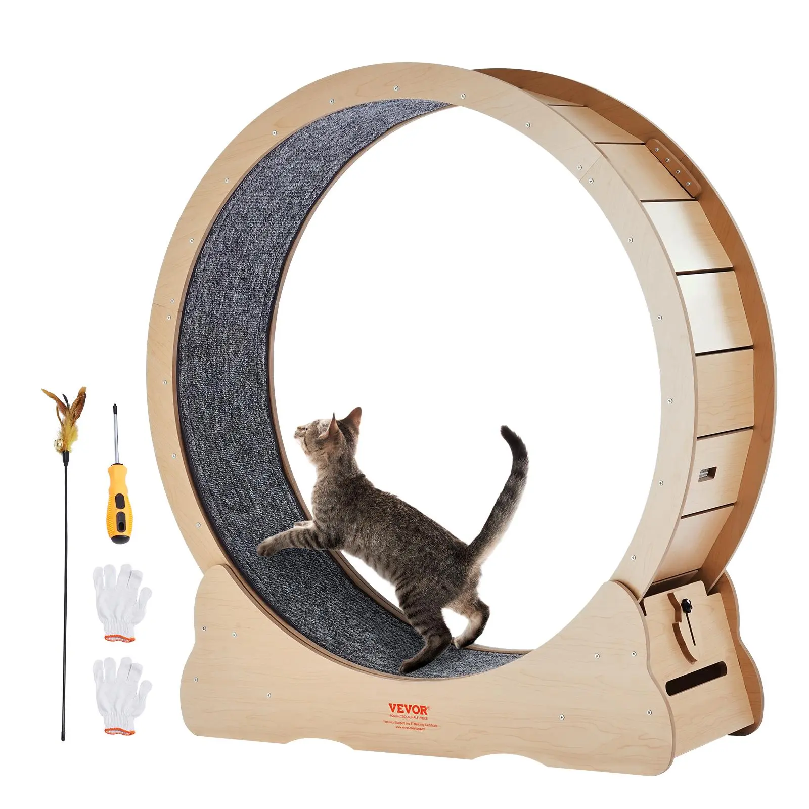 VEVOR Wooden Cat Exercise Wheel,  43.3" Large Cat Treadmill Wheel for Indoor Cats, Cat Running Wheel with Detachable Carpet & Cat Teaser for Running/Walking/Training, Suitable for Most Cats Yellow