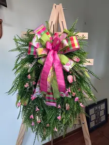 🌷 Spring Garden Teardrop Wreath with Designer Pink & Green Bow