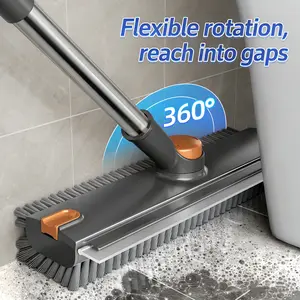 360° Floor Scrub Brush with Squeegee, Long Handle Grout Brush, Stiff Bristle Shower Scrubber for Cleaning Bathroom, Kitchen, Deck, Tile Floor, Patio & Baseboards, Heavy Duty Cleaning Tool