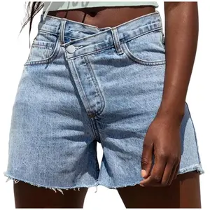 Women Crossover High Waisted Jeans Shorts Stretchy Casual Denim Shorts Boyfriend Summer Womenswear Streetwear Bottom