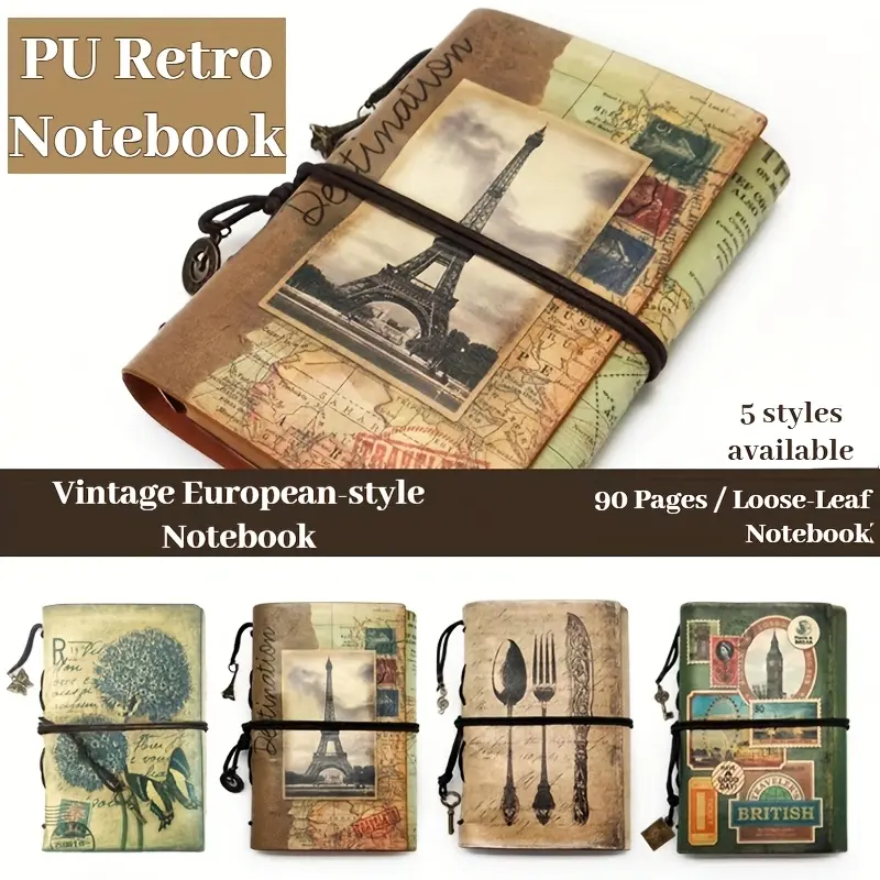 A6 Size Faux Leather Retro Book-Shaped Loose Leaf Notebook - 90 Sheets Kraft Paper, Detachable Pages, Built-In Storage Bag & Strap, Vintage EU Office Stationery, Journaling & Artist Supplies