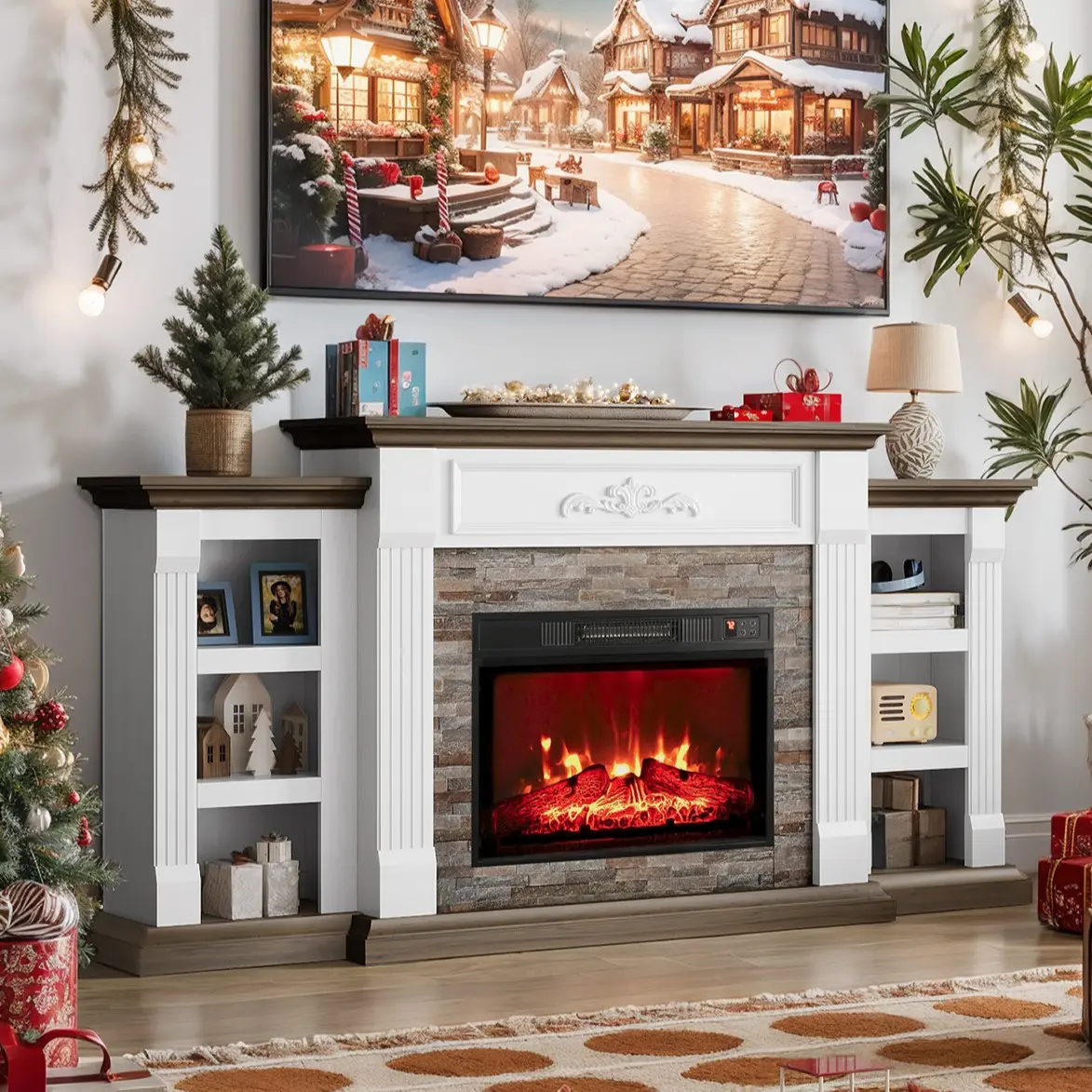 【2 packages shipping] LGHM 70" Fireplace TV Stand , Electric Fireplace with Mantel, Farmhouse Entertainment Center with 23" Electric Fireplace, White Brown