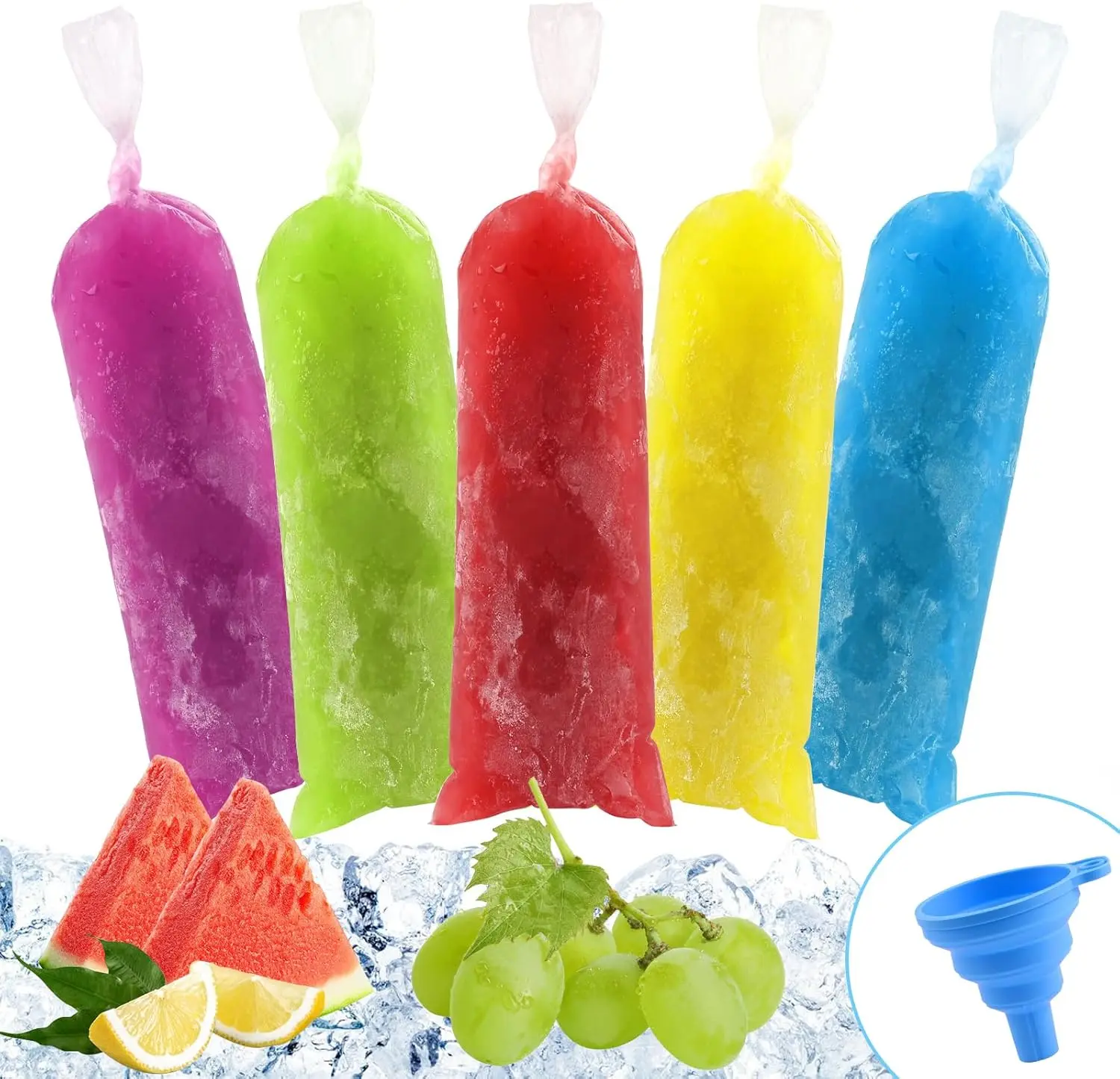 BokingOne Ice Lolly Bags Disposable, Ice Cream Mold Bags with Silicone Funnel. 3 x 12 inches Plastic Ice Candy Bags for Making Bolis/Ice Creams Yogurt Candy...