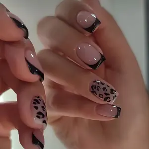 Leopard Print Pattern Square Nail Tips, French Glossy Finish 3D Machine Printed DIY Nails, 24 Pcs Short Wear Jelly Glue No Adhesive Nail Art Decoration, Nail Art Supplies