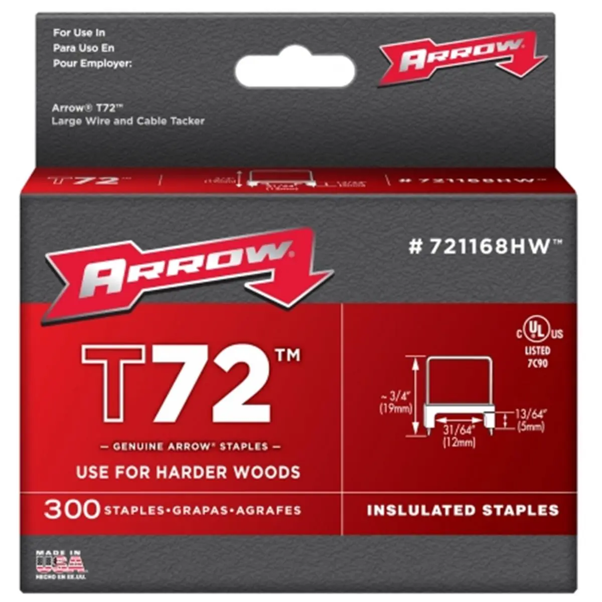 ARROW T72 Hardwood Insulated Staples, 0.48in (5x9mm), UL & C-UL Listed, Model 721168HW, for Wood Stapling in Harder Wood, Use For Harder Wood