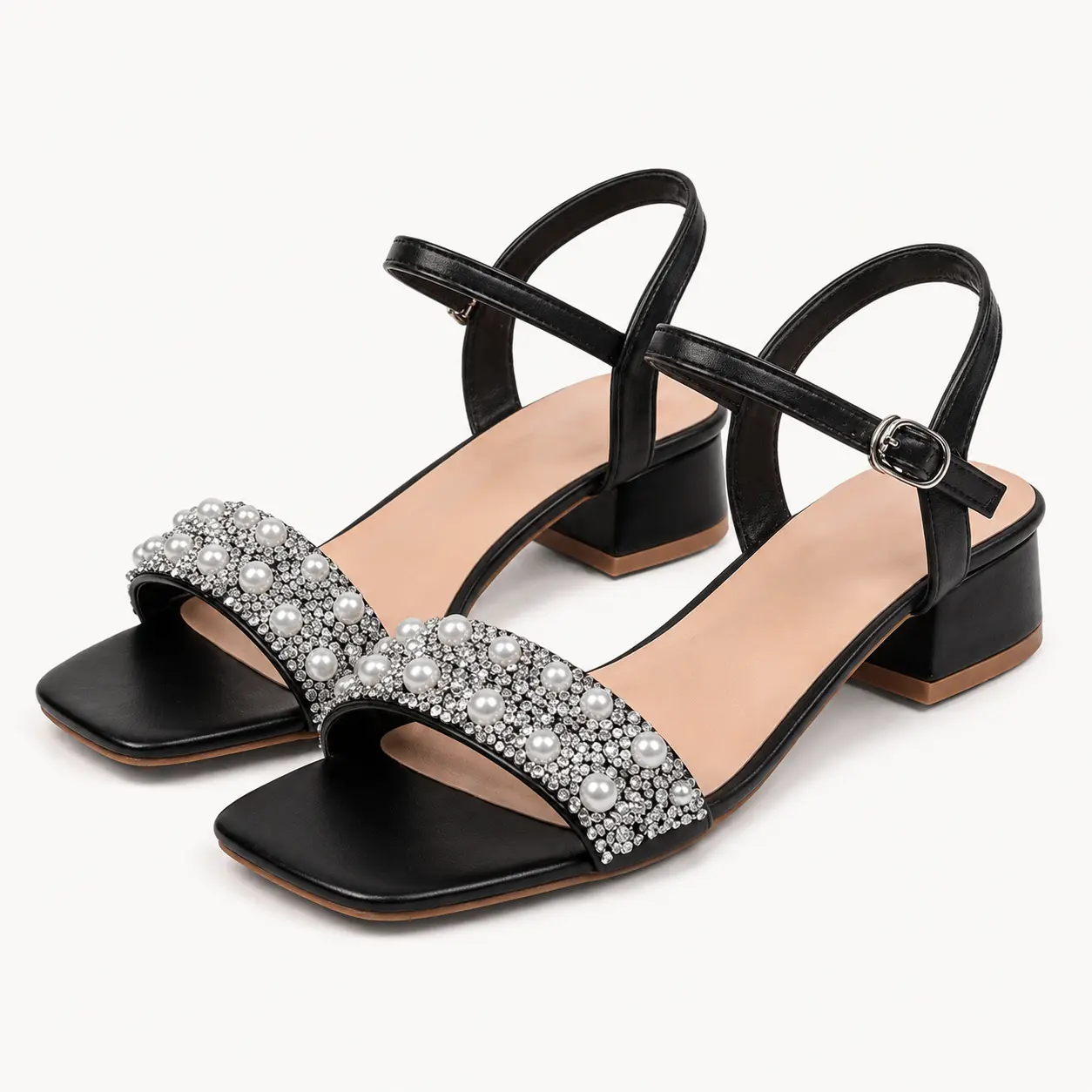 GeeYea women’s Black Pearl Low Heel Sandals, Square Toe Open Toe Block Heel Dress Sandals with Rhinestone Strap, Adjustable Ankle Strap, PU Upper & PVC Sole, Elegant Office, Party & Spring Summer Shoes