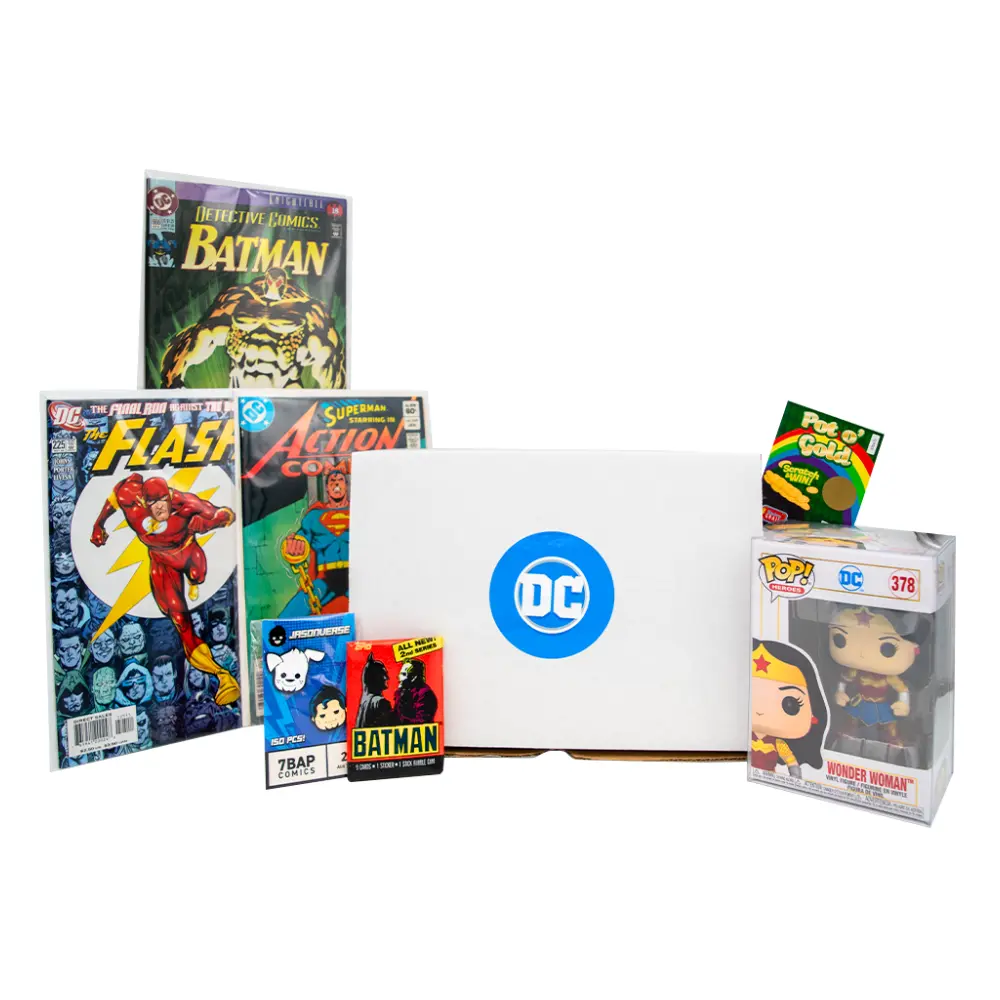 DC Limited Edition Mega Mystery Blind Box - Vinyl Funko Pop, Sealed Graded Cards, Comics, Certified Bangers, High-End Collectibles, Limited Edition Enamel Pin, Randomized Mystery Grail Prize Shop Scratch Card & Bonus Items for DC Collectors, Sealed Card P