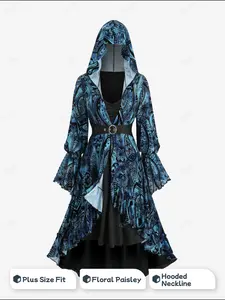 Rgothic unique sleeve dress Plus Size Paisley Flowers Flocking Mesh Buckle Lace Trim Ruched Ruffles Hooded Dress Boho Floral Midi Sundress winter dresses women winter outfits zendayadress outfit
