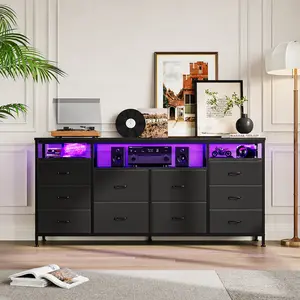 Modern 10-Drawer Dresser TV Stand – 63" Long Cabinet with LED Lights & Power Outlets – Fits 65/70/75 Inch TVs – Bedroom, Living Room, Entryway Organizer – White PU