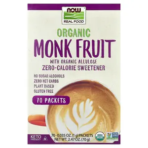 NOW Foods Organic Monk Fruit, Zero-Calorie Sweetener,  70 Packets, 0.035 oz (1 g) Each