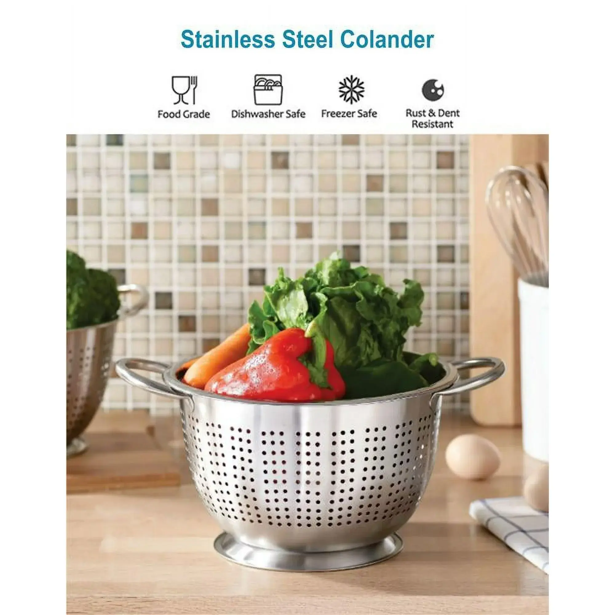 SS 5QT Multi-Use Colander for Straining, Draining & Rinsing Pasta, Fruits or Vegetables - Kitchen Utensil - Utensils Stainless Steel