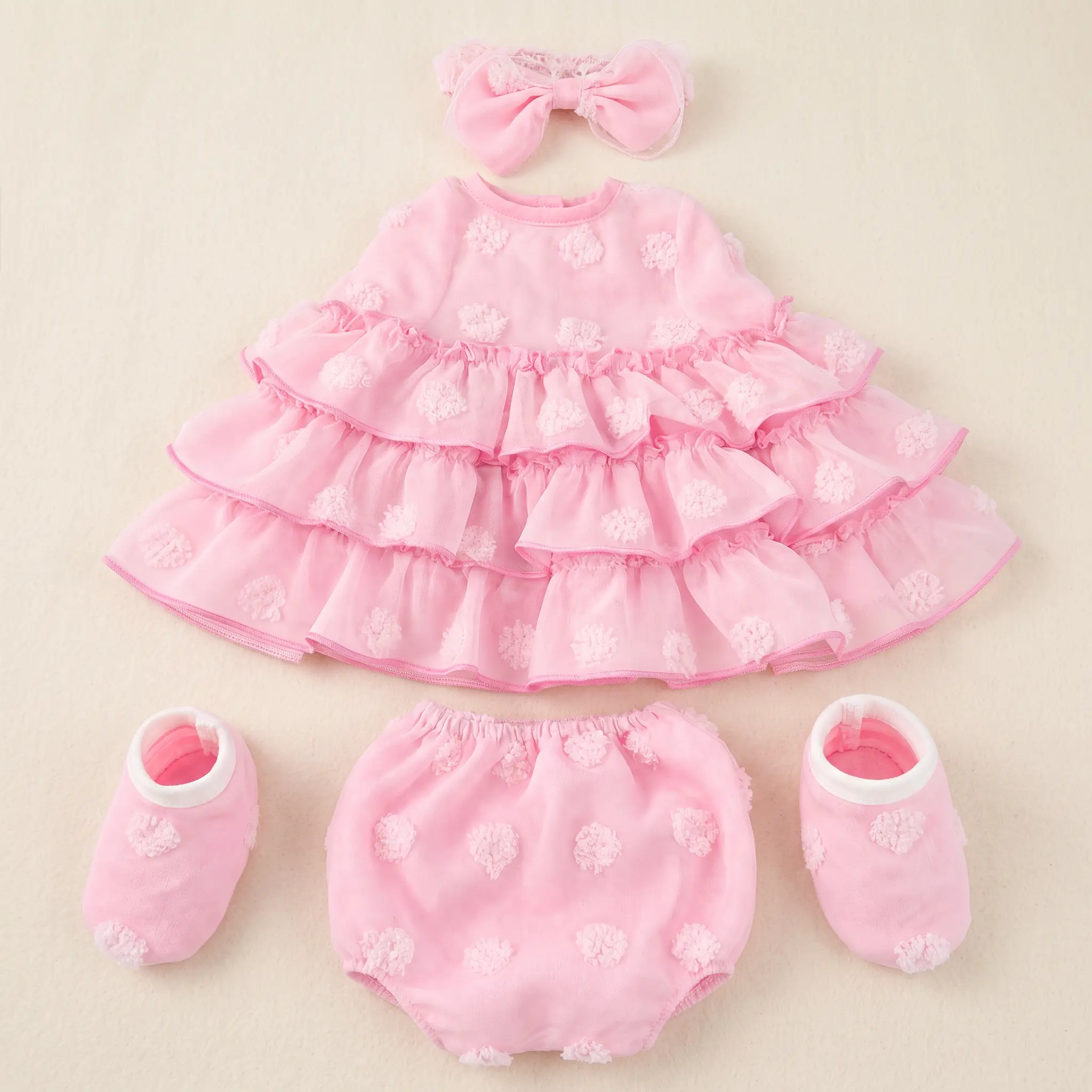 【Colorlizard】Reborn Baby Doll Clothes 4Pcs Set Pink Layered Ruffle Princess Dress Bow Headband Bloomers Shoes Outfit for 18-22 Inch Realistic Newborn Dolls