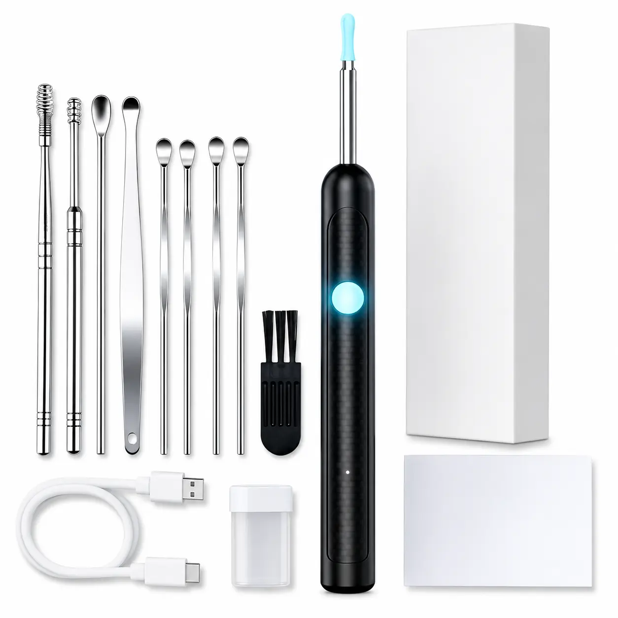 Smart Visual Earwax Removal Tool Set with Camera 1080P HD 360° Wide Angle Ear Cleaner Type-C Rechargeable Waterproof Endoscope Ear Cleaning Kit Compatible with iPhone iOS Android Phones Wireless WiFi Otoscope