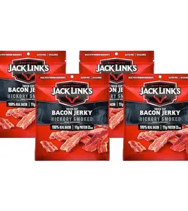 Jack Link's Bacon Jerky, Hickory Smoked - Flavorful Ready to Eat Meat Snack with 11g of Protein per Serving, Made with 100% Thick Cut Real Bacon, Protein Snack, Keto Friendly, 2.5 oz. (Pack of 4)