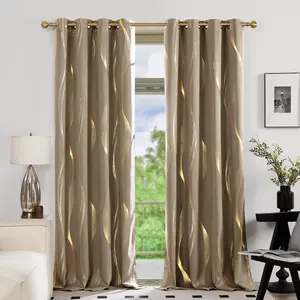 Blackout Curtains 2 panels, Deconovo Room Darkening Golden Foil Print Wave Stripe Thermal Insulated Window Curtains for Living Room curtain