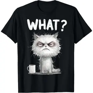 100% Premium Cotton T-Shirt Cute Cat What? DrinkingMorning Coffee Sarcastic Humor T-Shirt