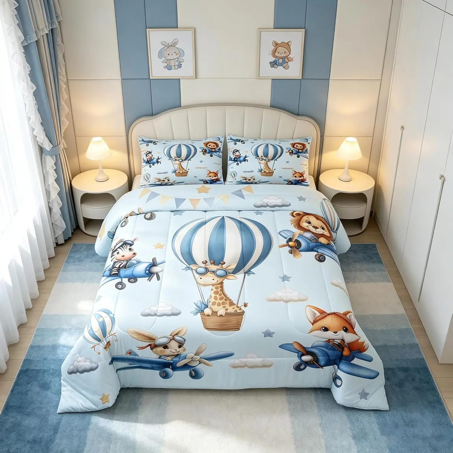 Cute Animals Comforter Set,Kawaii Lion Fox Giraffe Zebra Rabbit Bedding Set Room Decor,Stars Airplane Hot Air Balloon Down Comforter,Blue Duvet Insert
