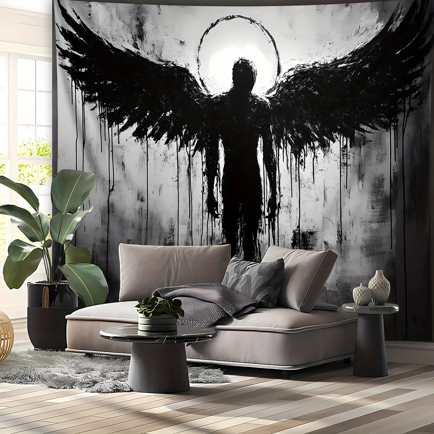 Classic Ultra Large Black Angel Starry Sky Landscape Tapestry Wall Decor - Home Supplies, Premium Synthetic Polyester, HD Digital Print, Hand-Stitched Edges, Wrinkle-Resistant Soft Fabric, Free Hanging Clips, Machine Washable Room Decor for Living Room, T