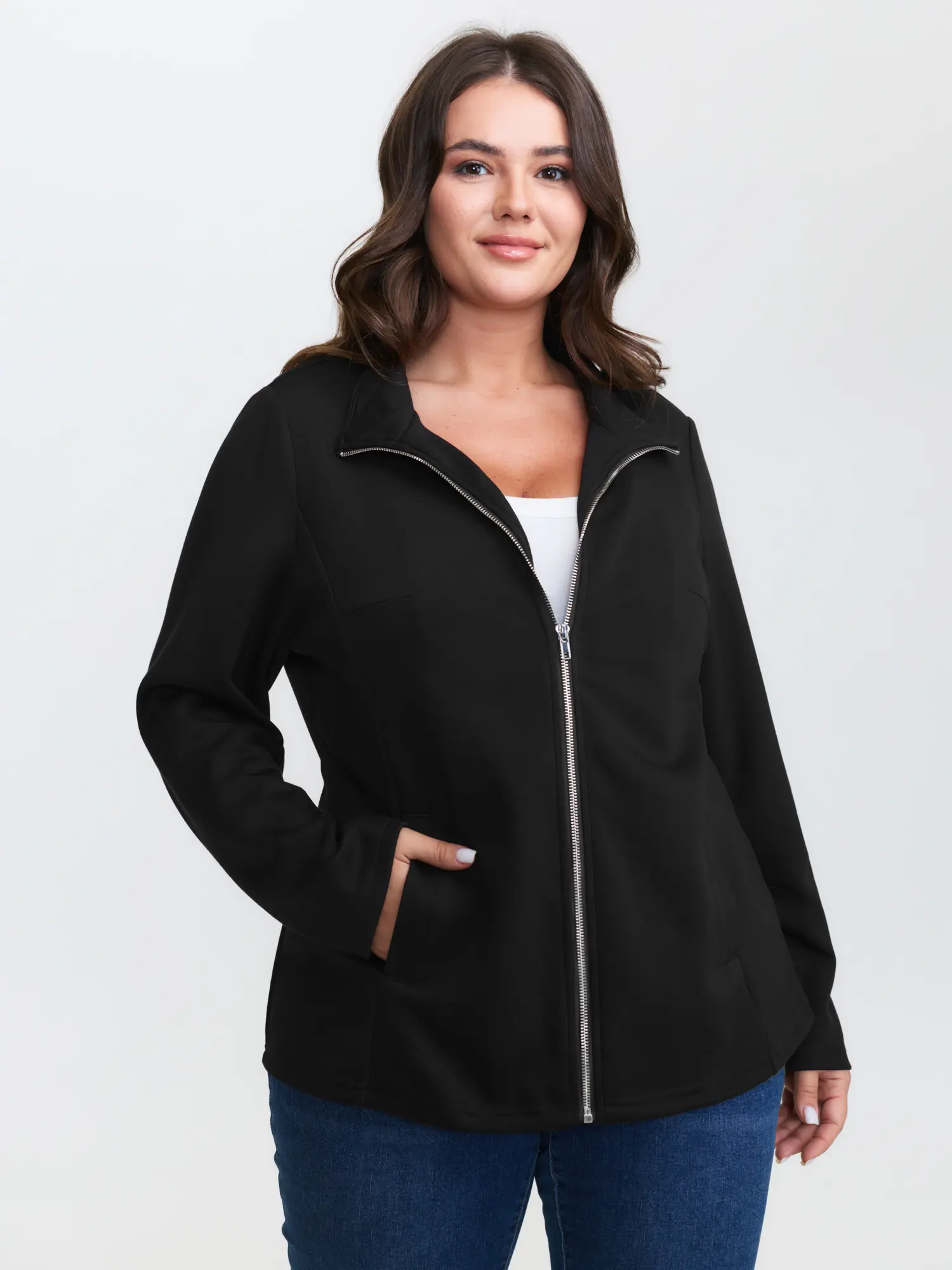 BLOOMCHIC Women's Supersoft Solid Black High-Stretch Spandex-Polyester Longsleeve Regular-Fit Basic Jacket - Solid Zipper Front, Zipper Pockets, Autumn Casual Minimalist Clothes, Ideal Lady Gift, Fabric Garment,Summerfinds
