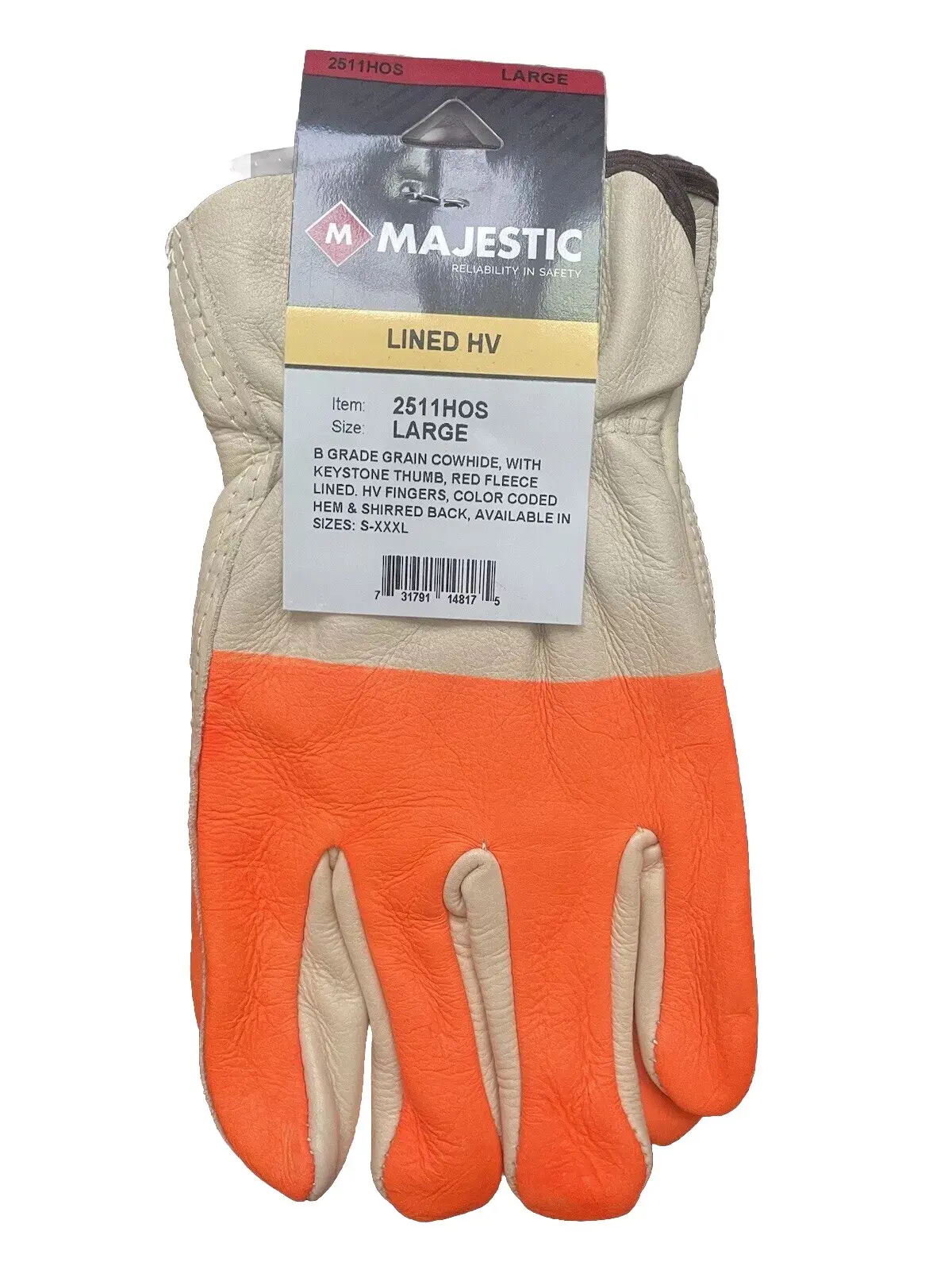 Heavy Duty Glove Set 100% Authentic Cowhide Leather Lined HV Waterproof Mens Large Orange/White Majestic Safety Work Gloves Pair 2511HOS
