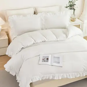 Twin Size Kids Duvet Cover Set White Ruffle Comforter Cover for Girls Teens 3 Pieces Fluffy Farmhouse Bedding Set with Ruffled Layer for All Seasons(White, Twin)