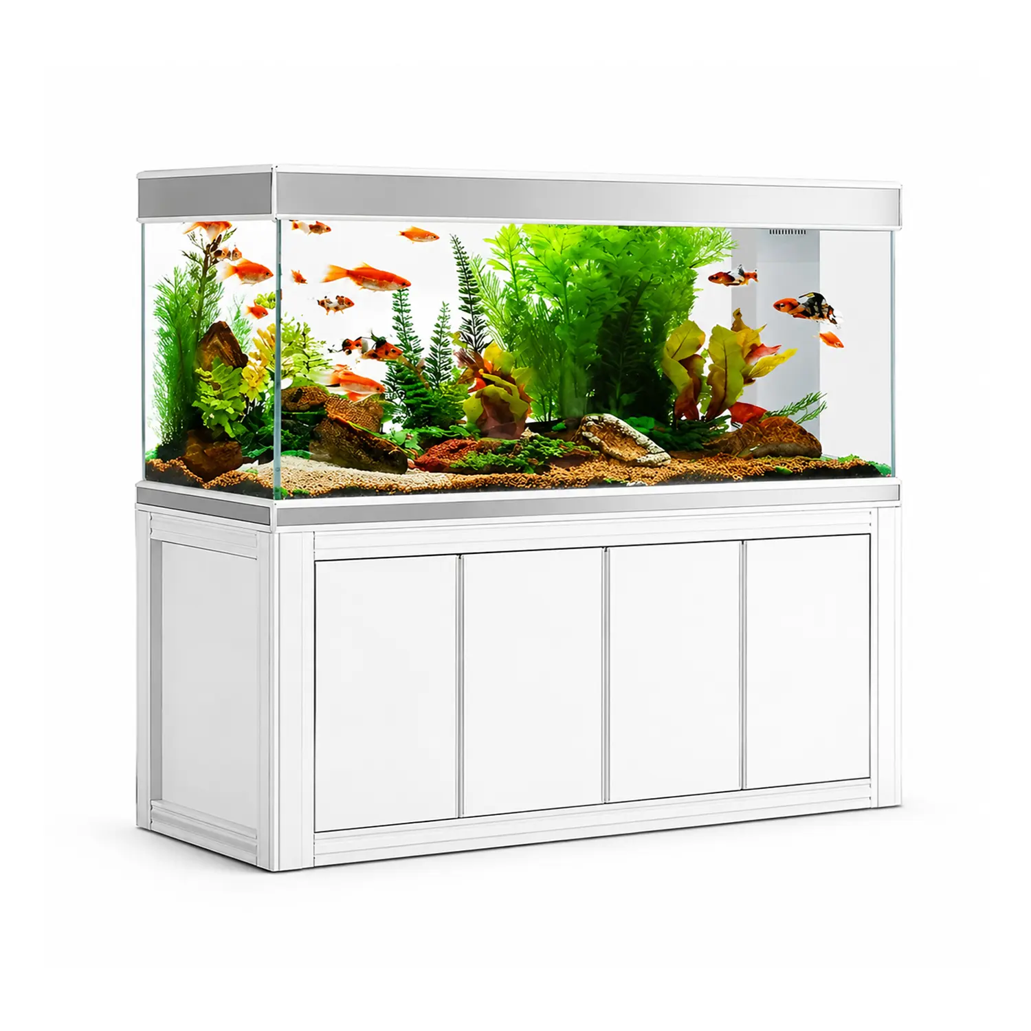 260 Gallon White & Silver Aquarium with Stand, 195G Rimless Low Iron Glass Fish Tank, 65G Sump Filtration System, 1717 GPH Pump, Dual LED Lights, Luxury Aluminum Cabinet Reef & Freshwater Aquarium