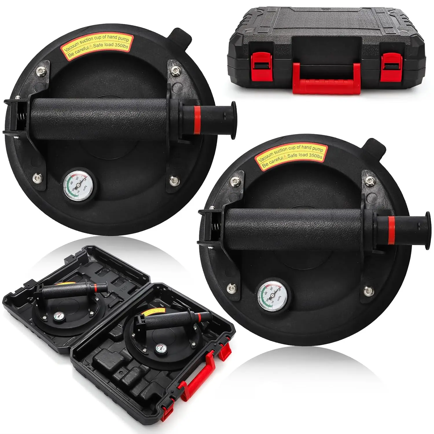 2-Pack 8" Natural Rubber Glass Suction Cups, 440 lbs Load Capacity Vacuum Glass Lifter with Pressure Gauge, Heavy Duty Industrial Masonry & Tiling Tool for Windshield, Granite