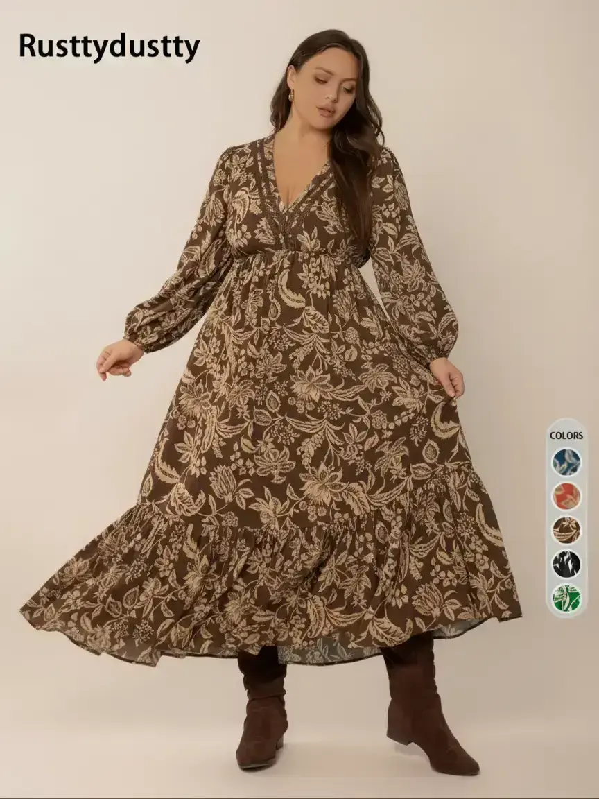 Plus Size All Over Floral Print Ruffle Hem A Line Flowy Dress, Feminine Casual V Neck Bishop Long Sleeve Dress, Women's Clothes for Daily Wear