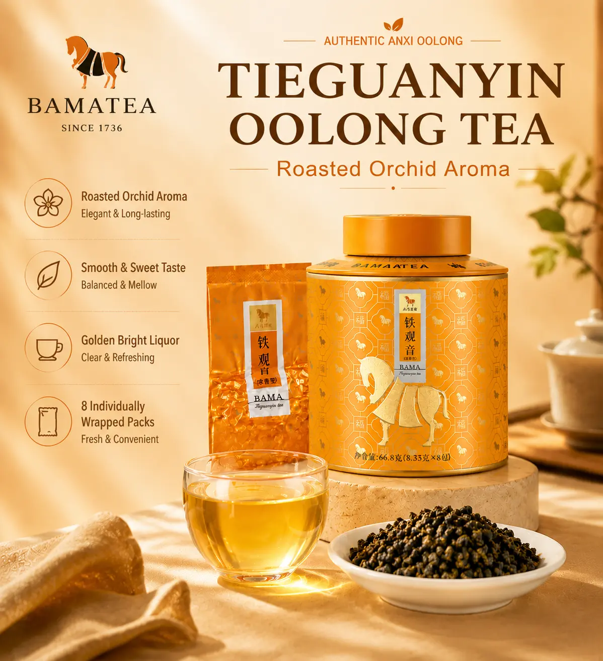 BAMATEA Premium Tieguanyin Oolong Tea 66g (2.33oz) | Authentic Anxi Fujian Iron Goddess Tea | Roasted Orchid Aroma, Smooth Sweet Flavor | 8 Individually Wrapped Tea Packs