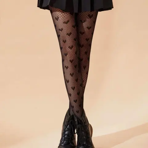 Women's 1 Pair Heart Print Fishnet Tights, Sexy Breathable Hollow Out High Waist Pantyhose For Daily Wear, Ladies Sexy Casual Stockings For All Seasons